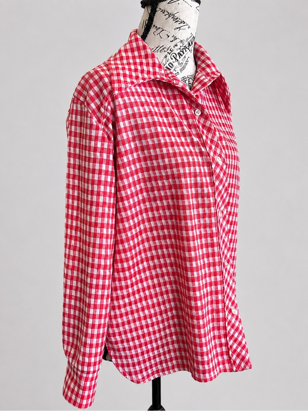 Vintage 70s Red White Button Down Western Gingham Shirt Point Collar Geek Mod